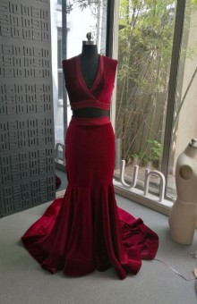 custom made burgundy velvet mermaid two piece prom dress