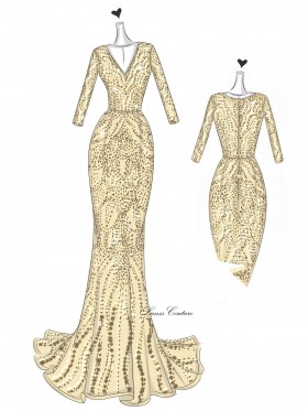 beaded mermaid sweep train prom dress sketch