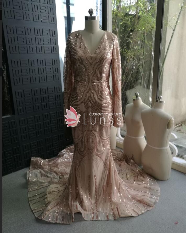 Custom Made Prom Dress with Long Train and Long Sleeves - Lunss