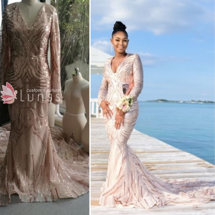 custom made prom dress with long train and long sleeves