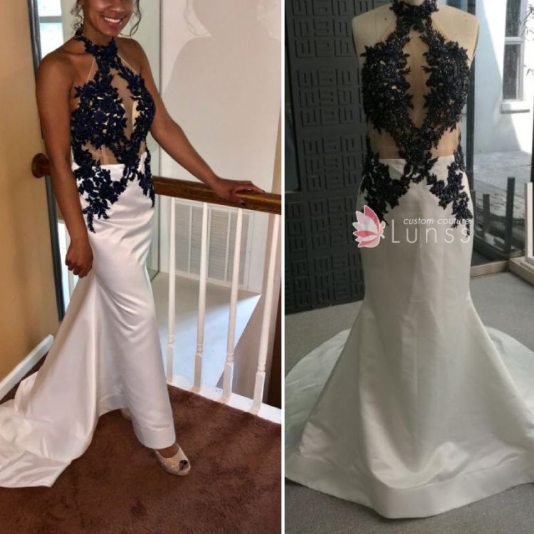 Halter Neck Beaded Dark Navy Illusion Lace White Custom made Trumpet Prom Dress