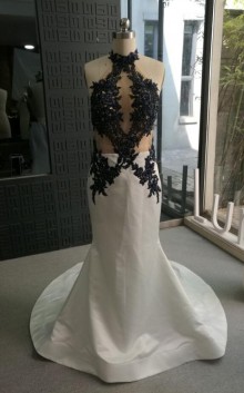 halter neck beaded dark navy illusion lace white trumpet prom dress