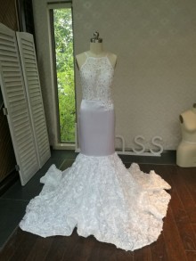 beaded white 3D rose mermaid custom made prom dress