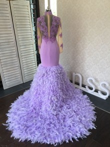 light purple dress with feathers long train skirt