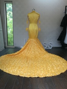 Yellow illusion long sleeve 3D floral custom made gown