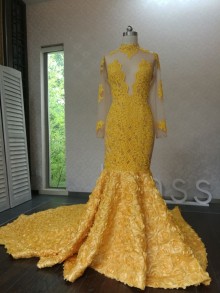 Yellow mermaid 3D floral custom made prom gown