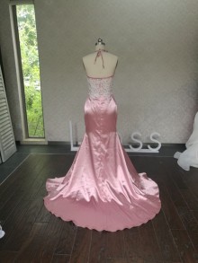 custom tailored rose pink low open back prom dress