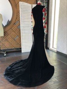 red and green floral sequin embellished black velvet dress