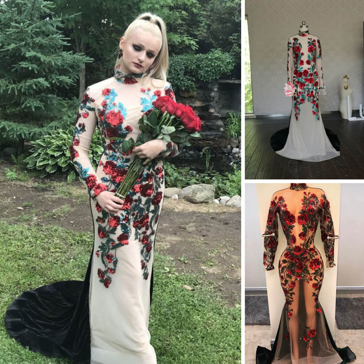 red and green floral sequin embellished sheer long sleeve custom made prom dress