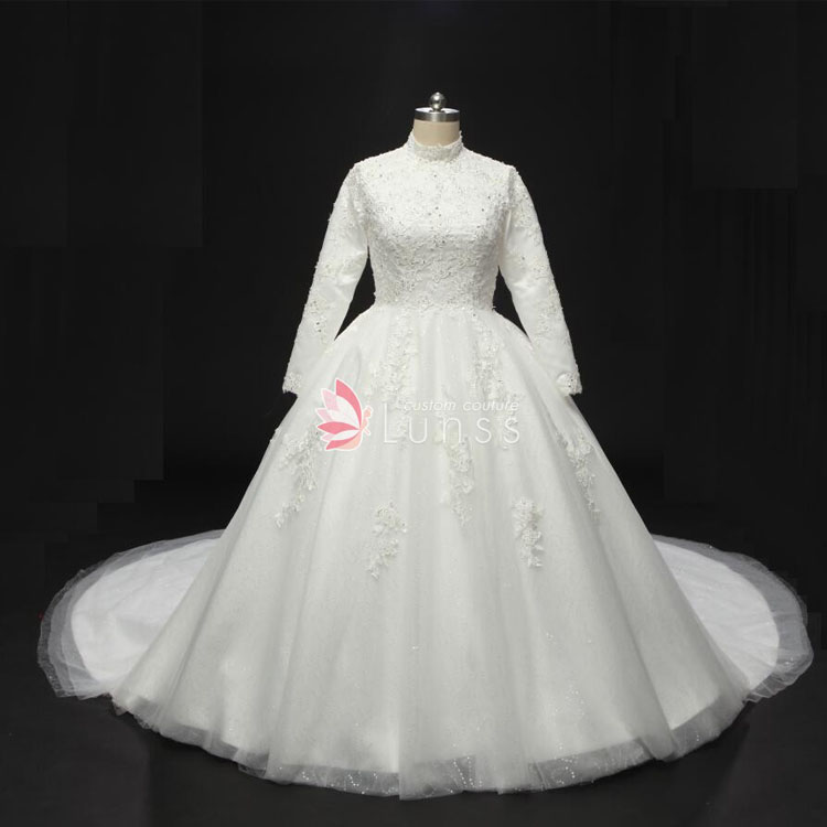 custom made high neck long sleeve lace wedding dress with buttons back