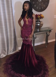 burgundy prom dress with see through scalloped V neck