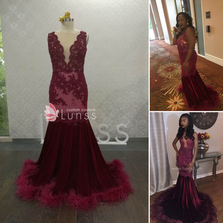 custom made scalloped V neck burgundy lace mermaid feather prom dress