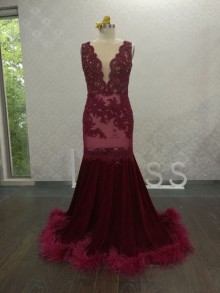scalloped V neck burgundy lace mermaid feather prom dress