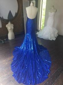 Royal blue sequin dress customized with higher halter V neck