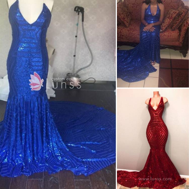 Royal blue stretch sequin prom dress customized with higher halter V neck