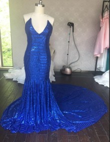 Royal Blue Stretch Sequin Prom Dress Customized with Higher Halter V ...