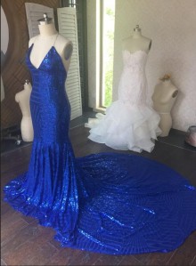 Royal blue stretch sequin prom dress with higher halter V neck