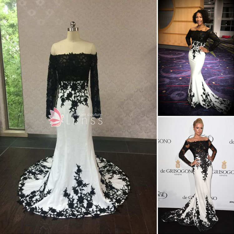 black and white off the shoulder lace appliqued custom designed gala dress