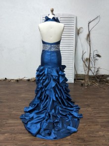 Cascading ruffled halter neckline custom made prom dress