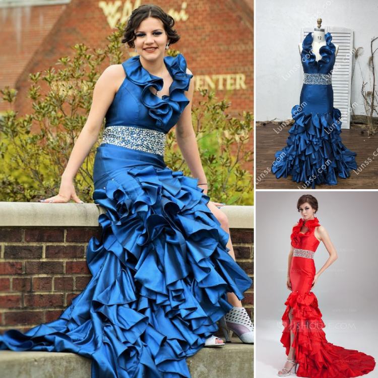 Cascading ruffled halter neckline mermaid custom made prom dress