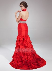 Cascading ruffled halter neckline mermaid dress