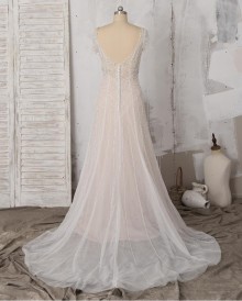 Champagne custom wedding dress with ivory beaded tulle overdress