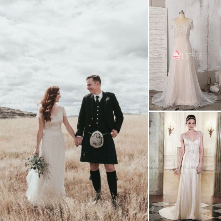 Champagne floor length custom wedding dress with ivory beaded tulle overdress
