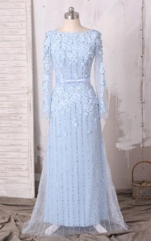 light blue 3D petals decorated custom long prom dress