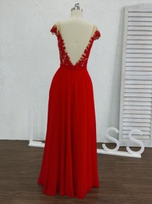 Red see through lace open back custom graduation prom dress