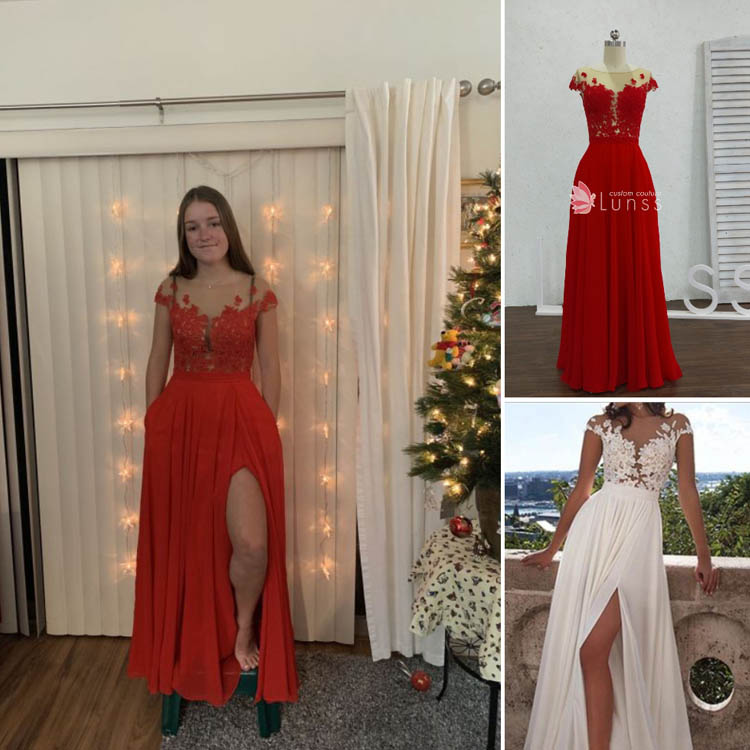 Red see through lace open back custom graduation prom dress with pockets