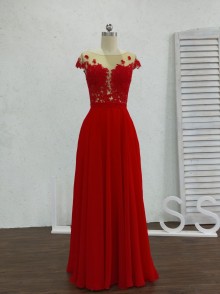 Red see through lace open back graduation prom dress with pockets