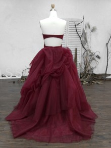 Customized burgundy tulle wedding dress