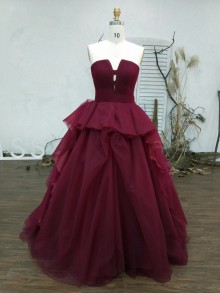 Customized designer burgundy tulle wedding dress