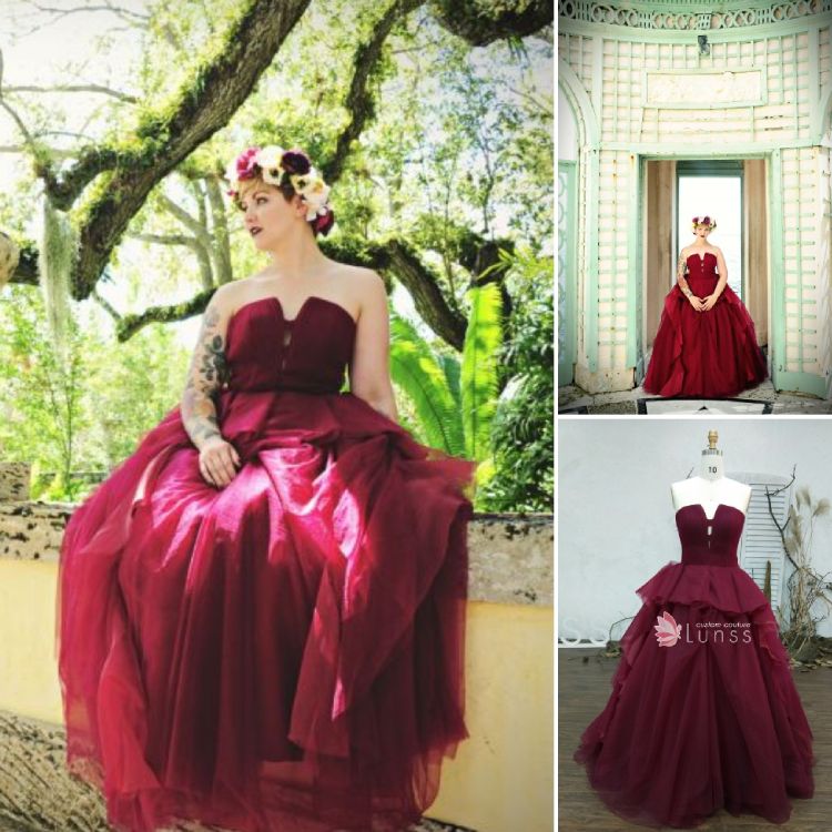 special customized designer burgundy soft tulle wedding dress from Lunss
