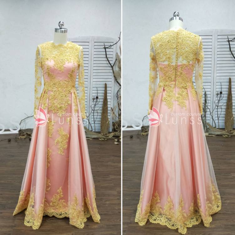 sleeved and chest covered round neck custom dress