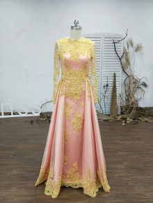 sleeved and chest covered round neck custom long dress