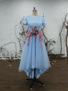 Customized sky blue dress with handmade pink flowers adorned