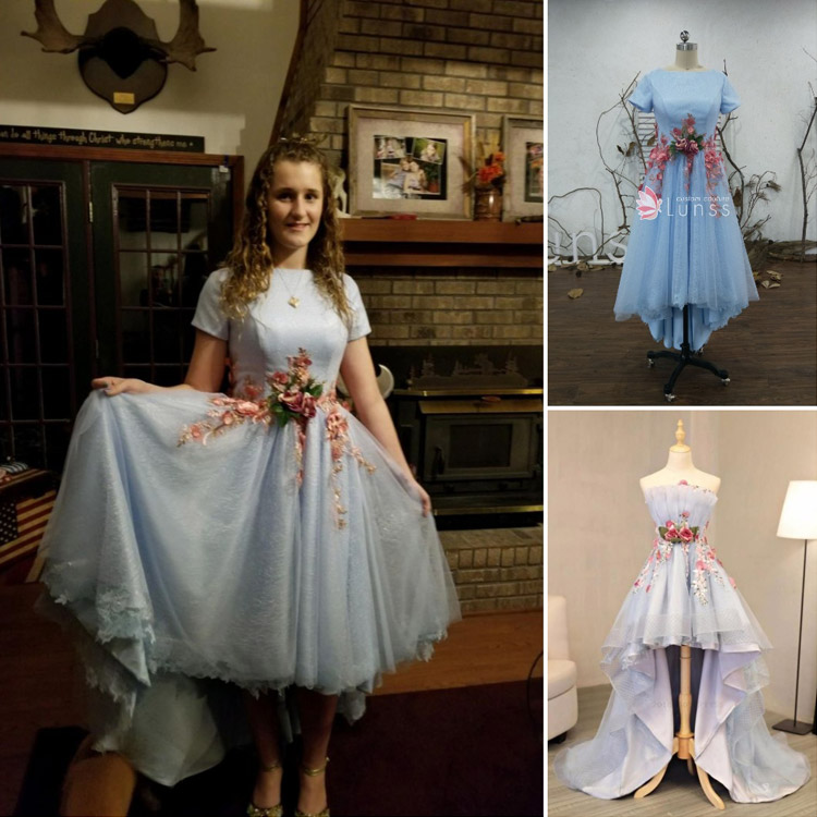 Customized sky blue high low formal dress with handmade pink flowers adorned