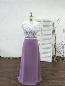 white lace and wisteria chiffon bridesmaid dress