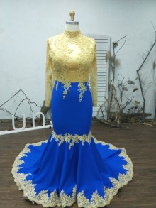two tone gold and blue long sleeve custom made prom dress