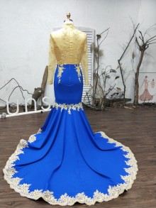 two tone gold and blue mermaid custom made prom dress