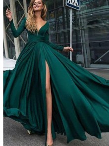 long sleeve deep V neckline dress