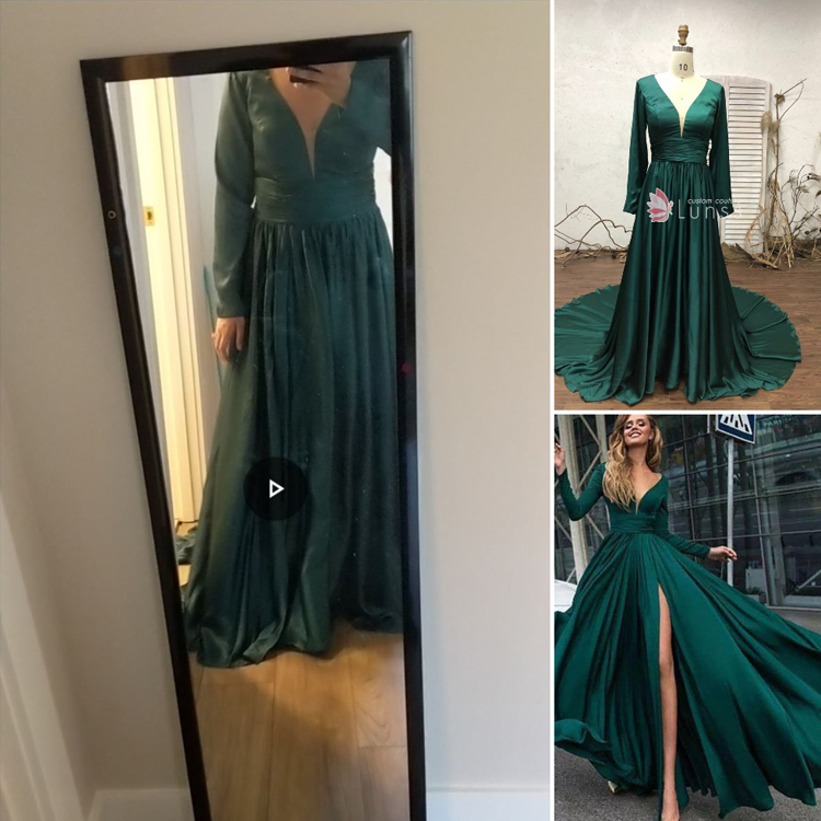 long sleeve deep V neckline silk like satin custom made dress