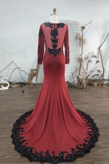 burgundy prom dress with black lace adorned