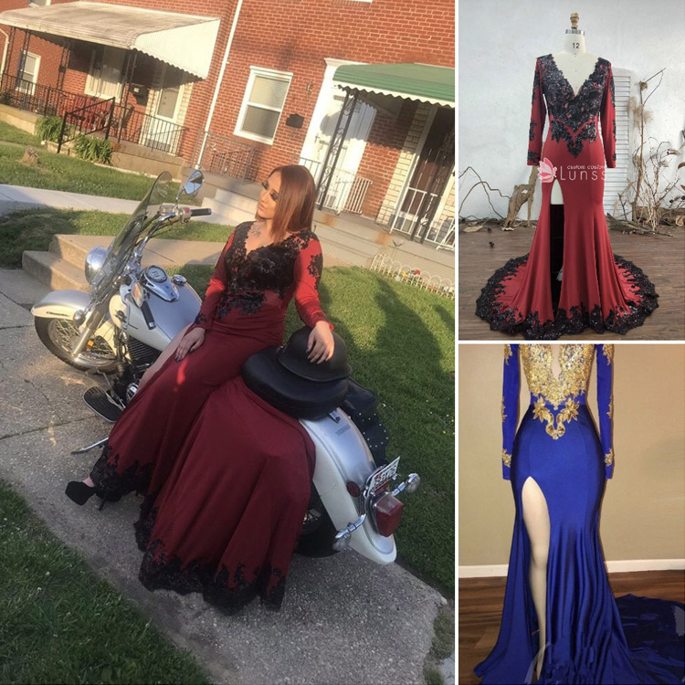 custom made sexy burgundy prom dress with black lace adorned