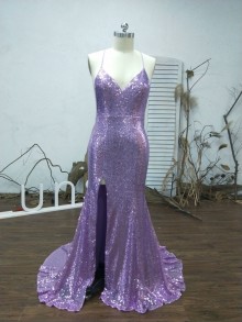 sparkly lavender sequin dress with slit
