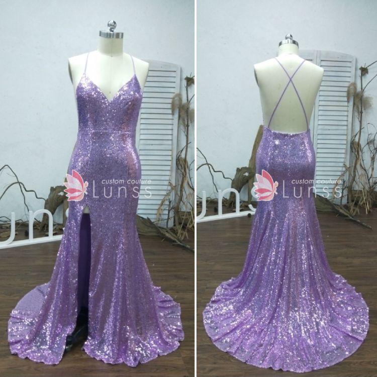 sparkly lavender sequin minimal train prom dress with right slit