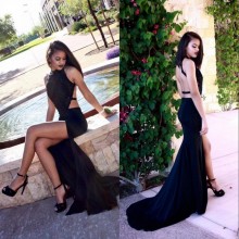 Black halter neck fitted long mermaid dress
