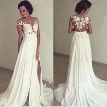 Illusion Bodice Flowy Chiffon Boho Wedding Dress with High Slit
