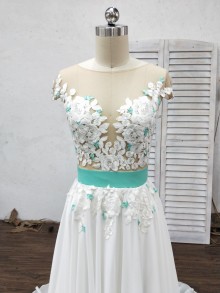 Two tone custom made A line prom dress with illusion neck bodice